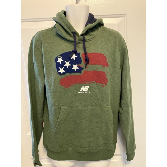 Men's New Balance Hoodie Size  Large Shirt Sweatshirt Flag Logo Green Cotton - Picture 1 of 5